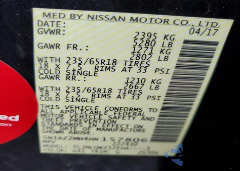 2017 Nissan Murano S z USA, uszkodzony, nr VIN 5N1AZ2MH4HN157806